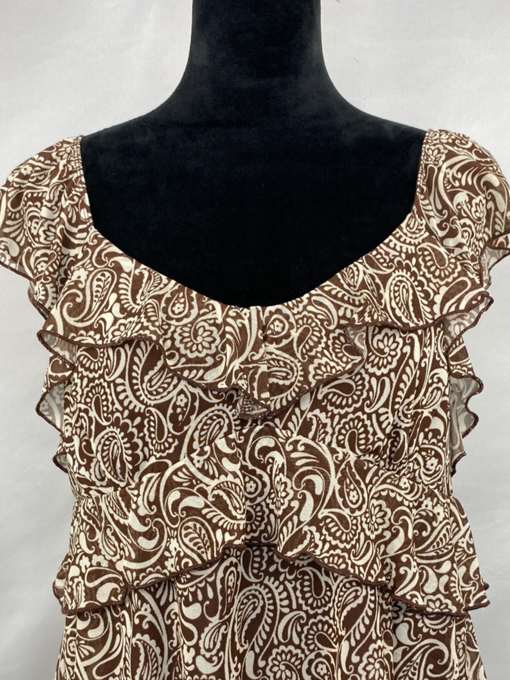 La Peche Brown Paisley Sheer Ruffle Tiered Crop Top XL Boho Flutter Sleeve